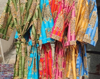 Handmade Striped Tiger Print Cotton Kimono Robe - Boho Beach Cover Up