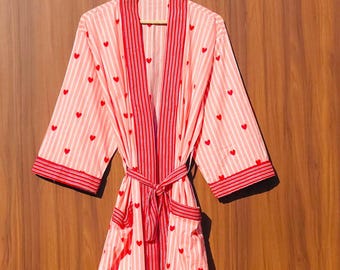 Lightweight Cotton Summer Kimono – Pink Heart Print Beach Cover Up, Resort Wear Women