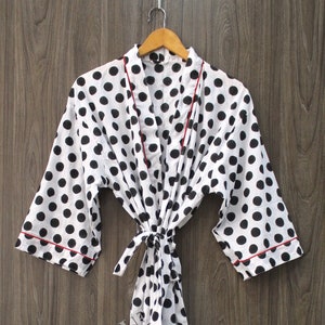 Indian Hand Block Printed White Cotton Kimono Robe | Polka Dot Bathrobe for Women | Lightweight Summer Kimono | Beach Cover Up | Bikini Gown