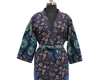 Mandala Print Cotton Kimono Robe for Women | Handmade Maxi Nightwear Dress | Lightweight Boho Beach Cover Up | Spa Lounge Robe Dressing Gown
