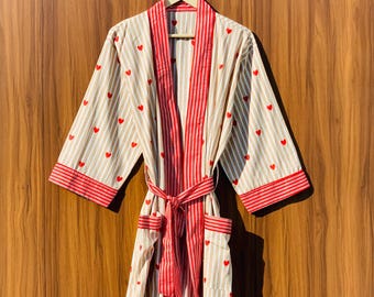 Heart Print Cotton Kimono Robe, Striped Beach Cover Up, Valentine's Gift