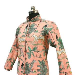 Handmade Peach Quilted Kantha Jacket: Indian Forest Print