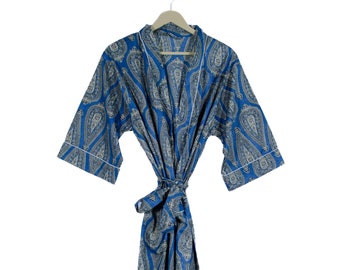 Luxurious Blue Paisley Cotton Kimono Robe for Women | Royal Print Design | Lightweight Handmade Loungewear | Organic Cotton Wrap Robe |