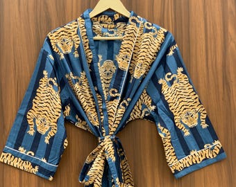 Blue Cotton Kimono Robe, Tiger Print Dressing Gown, Handmade Lounge Robe, Bohemian Resort Wear, Lightweight Beach Cover Up
