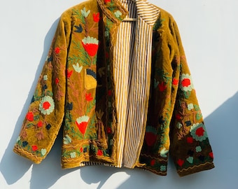 Handcrafted Suzani Velvet Jacket : Ethnic Boho Embroidered Outwear