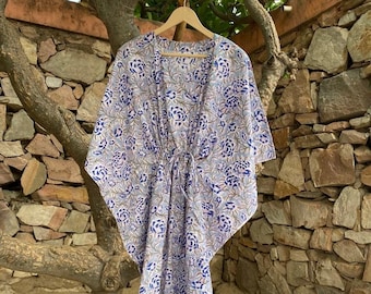 Blue Cotton Kaftan Maxi Dress: Handmade Beach Cover-Up