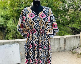Ikat Print Cotton Kaftan: Handmade Indian Beach Cover-Up