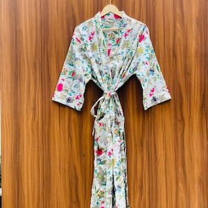 Multicolor Floral Cotton Kimono Robe | Handmade Block Print Long Bathrobe | Soft Lightweight Lounge Wear for Women | Spa Robe Gift for Her |