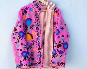 Suzani Embroidery Women Floral Jacket : Vintage Handmade Coat Boho Bomber Gift