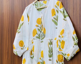 Handgemaakte katoenen tuniekjurk met bloemenprint | Boho-festivalkleding