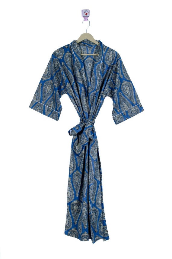Luxurious Blue Paisley Cotton Kimono Robe for Women Royal Print