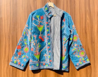 Suzani Velvet Jacket for Women – Handmade Embroidered Uzbek Jacket, Boho Ethnic Statement Coat, Vintage Style Suzani Outerwear