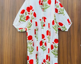 Katoenen maxi-jurk met rode bloemen, losse pasvorm damesjurk, cottagecore-mode, vakantiejurk, resortkleding, handgemaakte kleding