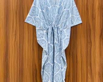 Ethnic Blue Cotton Kaftan Dress: Boho Beach Cover-Up