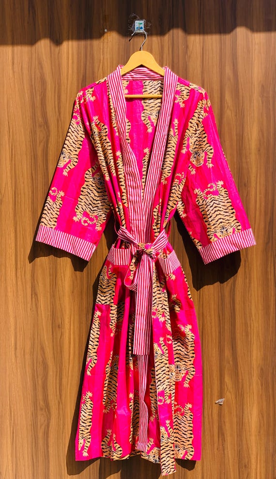 hot pink kimono dress Tiger Print Robe, Handmade Cotton Robe, Bold Lounge Wear, Statement Bridal Robe, Gift for Her, Vacation Outfit category_test-for-kyle