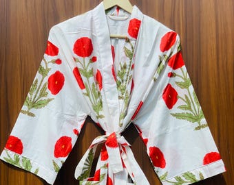 Handmade Floral Cotton Kimono Robe: Red Poppy Print Boho Loungewear