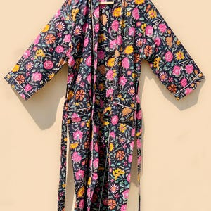 Floral Hand Block Print Cotton Kimono Robe | Lightweight Spa Robe | Boho Lounge Wear | Summer Bathrobe | Handmade Gift | Soft Cotton Robe