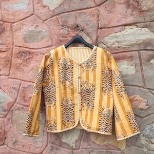 Tiger Stripe Quilted Cotton Jacket | Handmade Kantha Outerwear for Women | Unique Boho Block Print Jacket | Indian Winter Coat|Ethnic Jacket