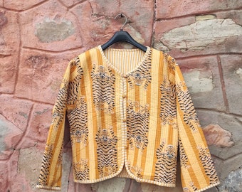 Tiger Stripe Quilted Cotton Jacket | Handmade Kantha Outerwear for Women | Unique Boho Block Print Jacket | Indian Winter Coat|Ethnic Jacket
