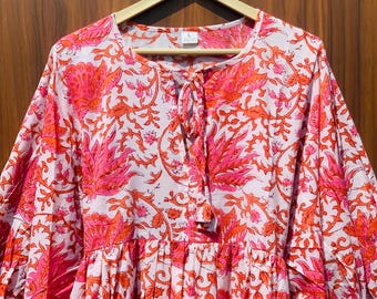 Block Print Cotton Midi Dress – Boho Floral Indian Resort Wear