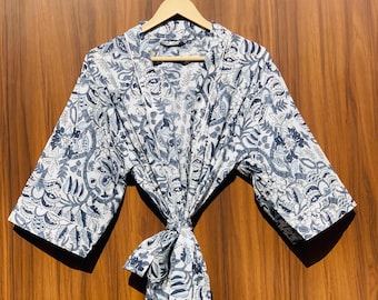 Vestido kimono de algodón con estampado a mano: ropa de estar por casa bohemia con estampado floral