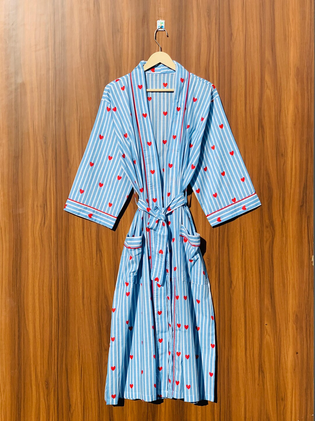 Cute Patterned Robe Heart Print Cotton Kimono Robe, Striped Beach Cover Up, Lightweight ...
