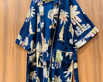 Szlafrok kimono z bawełny z nadrukiem Blue Tree | Narzutka plażowa w stylu boho