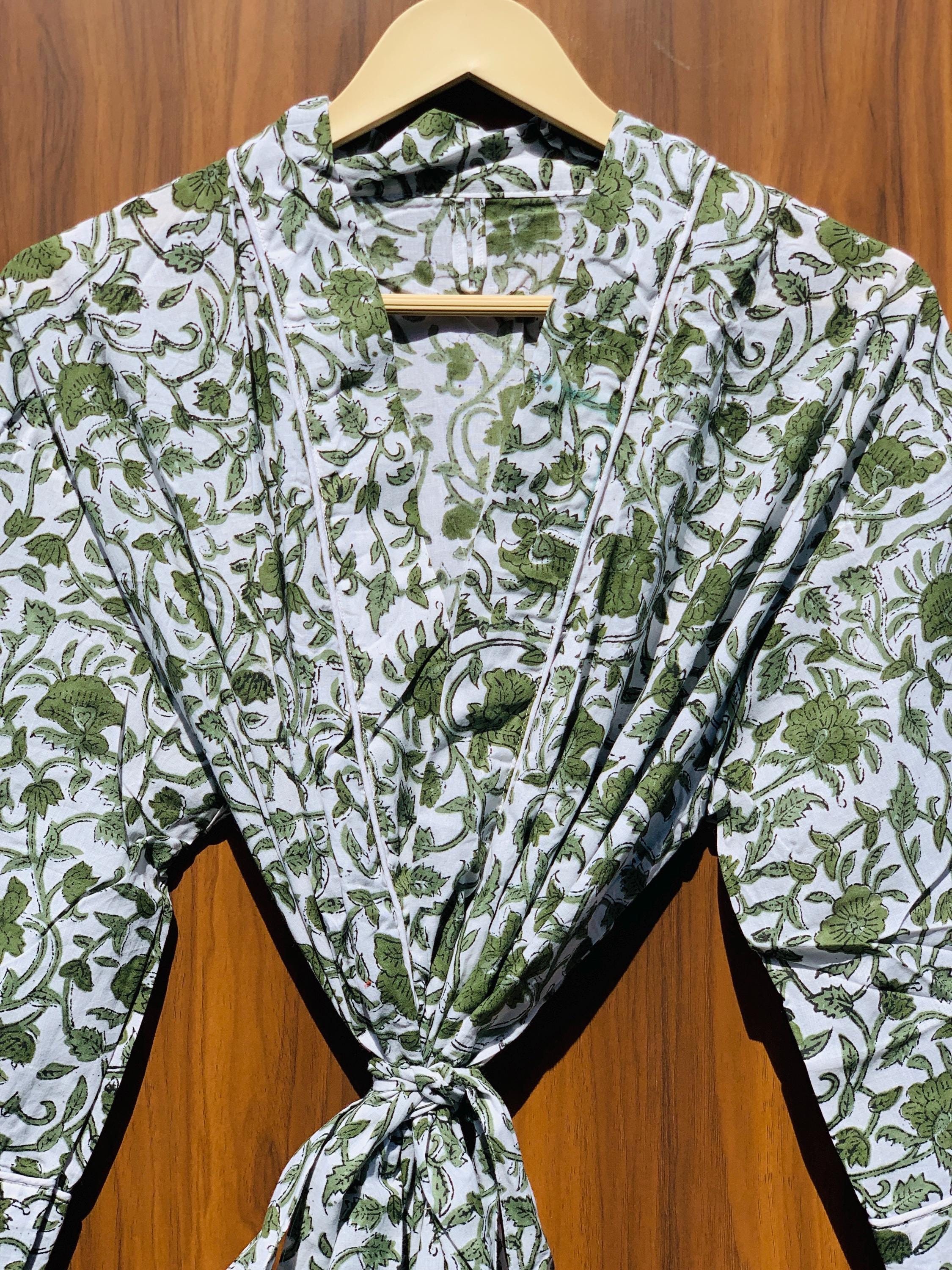 Green Floral Kimono Robe: Botanical Print Summer Dress