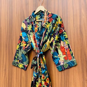 Boho Long Cotton Kimono Robe | Lightweight Colorful Printed Loungewear | Soft Belted Cover Up for Women | Summer Beachwear or Spa Robe |