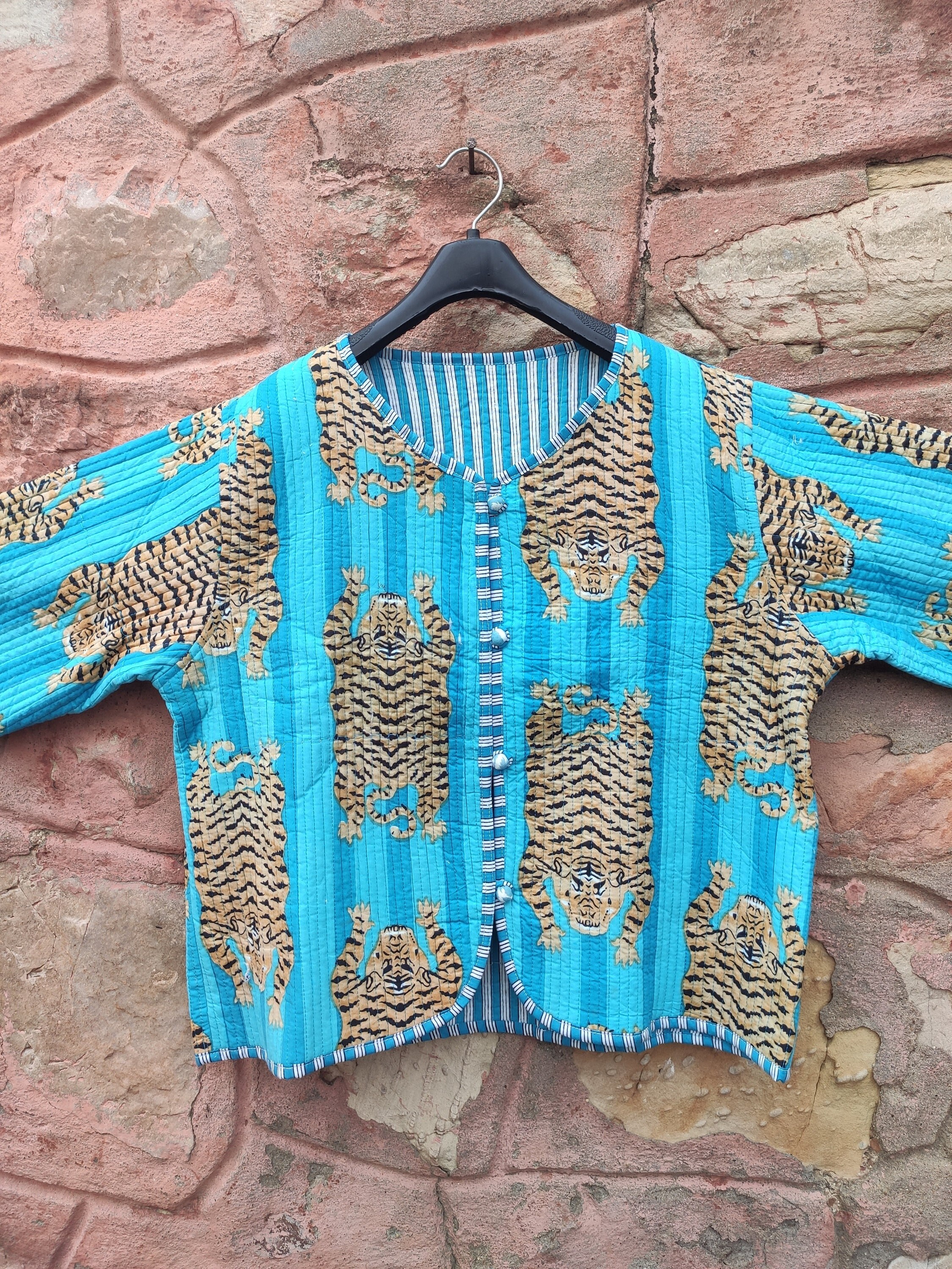 Boho Chic Hand Block Print Quilted Cotton Jacket | Tiger