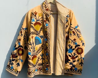 Handmade Velvet Suzani Jacket, Short Uzbek Embroidered Jacket, Women's Overcoat