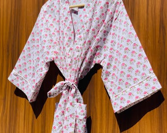 Vestido kimono de algodón con estampado a mano: ropa de estar por casa bohemia con estampado floral
