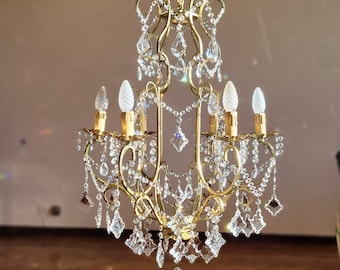 Antique Italian Gilded Chandelier with Crystal Drops Vintage Ceiling Lamp Cage Chandelier Antique Pendant Lighting Louis XV  Chandelier