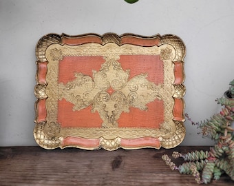Klein Florentijns dienblad houten dienblad vintage dienblad oranje en goud patroon Made in Italy Shabby-chic decor
