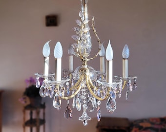Antique Italian Brass Chandelier with Crystal Drops Gilded Ceiling Lamp Cage Chandelier Antique Pendant Lighting Crystal Leaves Chandelier