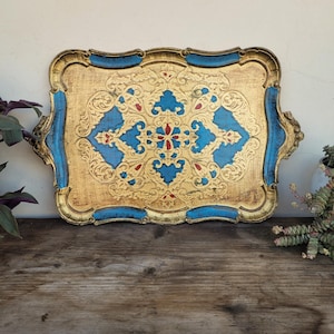 Extra Large Antique Florentine Tray Wood Tray Vintage Serving Tray 19th Century Hand Made Gold Blu Pattern Made in Italy Shabby chic decor