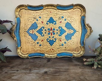 Antiek Florentijns dienblad, 19e-eeuws handgeschilderd Italiaans hout