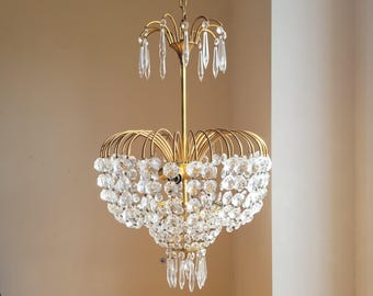 Antique Italian Brass Chandelier with Crystal Drops Gilded Ceiling Lamp Cage Chandelier Antique Pendant Lighting Crystal Gold Chandelier