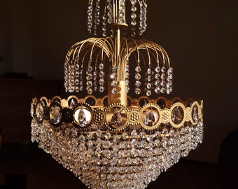 Vintage Italian Gilded Crystal Chandelier, Antique Pendant Lighting