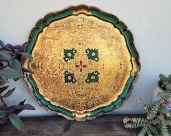 Extra groot antiek Florentijns dienblad houten dienblad vintage dienblad 19e-eeuws goudgroen patroon handgemaakt Italië Shabby-chic decor