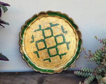 Antiek rond Florentijns dienblad houten dienblad Vintage dienblad 19e-eeuws handgesneden goudgroen patroon Handgemaakt Italië Shabby-chic decor