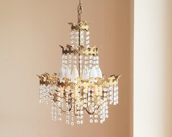 Vintage Italian Brass Chandelier with Crystal Drops, Gilded Cage Lamp