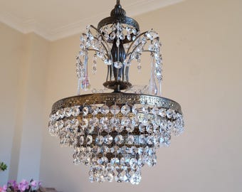 Antique Italian Brass Chandelier with Crystal Drops, Gilded Cage Pendant Light