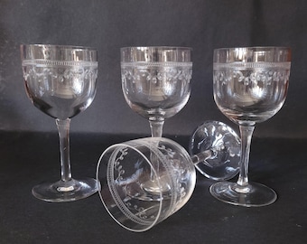 Antique Engraved Set of 4 Crystal Wine Glasses Set of 5 Etches Wine Water Glasses  Antique Barware Wine Coupes