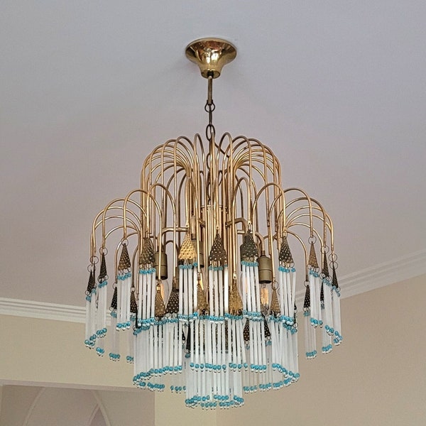 Art Deco Italian Tole Chandelier Liberty Ceiling Light Antique Chandelier with Glass Drops Bohemian Chandelier Blue White Drops Gold