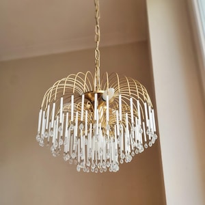 Mid Century Chandelier with Murano White Sticks and Crystal Drop Ceiling Light Hollywood Regency Light Romantic Chandelier Murano Chandelier