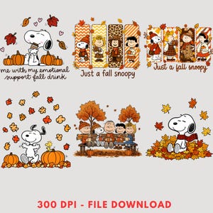 Könnte beinhalten: Eine Sammlung von sechs herbstlichen Peanuts-Illustrationen mit Snoopy und Freunden, Kürbissen, Herbstlaub und Kaffeetassen. Der Text umfasst 'me with my emotional support fall drink', 'Just a fall snoopy' und '300 DPI - FILE DOWNLOAD'.