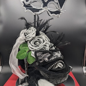 Bespoke Cat Themed Masquerade Mask Heeled Shoe On Mirror Base Centrepiece