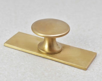 Unlacquered Brass Brushed Knob with Backplate – Solid Brass Cabinet Hardware, Vintage Brass Knobs, Antique Knobs for Cabinets and Furniture
