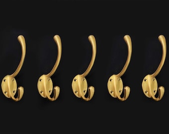 5 x Solid Brass Brushed Classic Wall Hooks. Vintage Style Bathroom Bath Towel Hooks. Retro Antique Old Style Hat & Coat Hooks School Bag